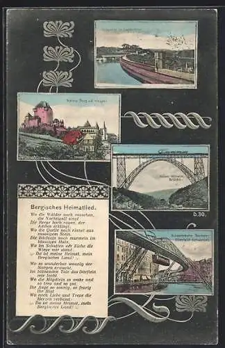 AK Burg a. d. Wupper, Schloss, Kaiser Wilhelm-Brücke mit Eisenbahn, Schwebebahn Barmen-Elberfeld-Vohwinkel