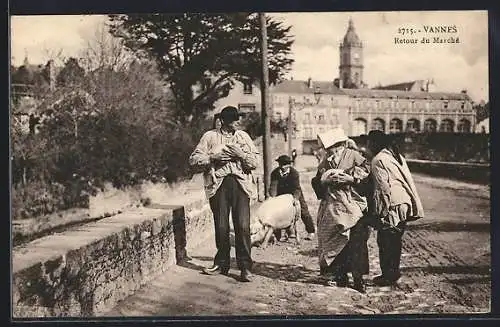 AK Vannes, Retour du Marché avec des villageois et un mouton sur le pont devant l`église