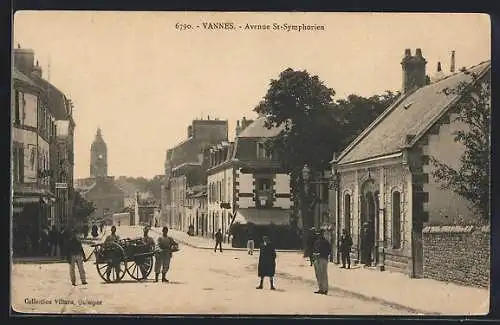 AK Vannes, Avenue St-Symphorien avec passants et charrette