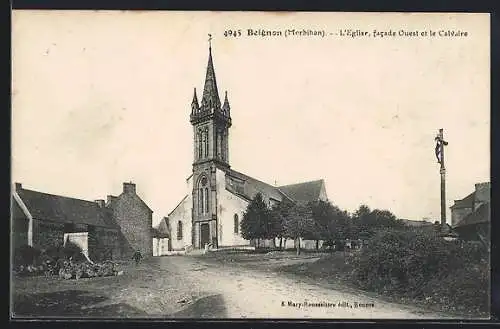 AK Beignon, L`église facade Ouest et le Calvaire