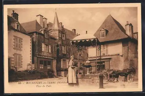 AK Rochefort-en-Terre, Place du Puits avec villageois et charrette