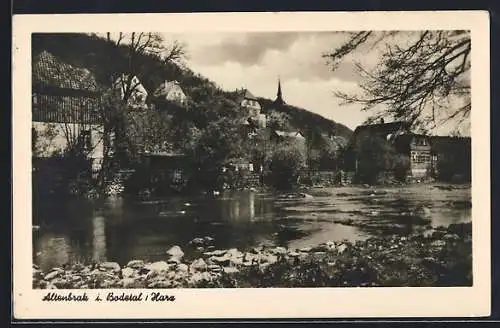 AK Altenbrak i. Badetal, Uferpartie mit Kirchturm