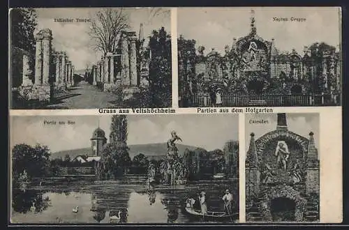 AK Veitshöchheim, Partien aus dem Hofgarten, Indischer Tempel, Neptun-Gruppe, Cascaden