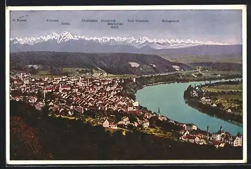 AK Waldshut-Tiengen, Totalansicht mit Bergpanorama im Hintergrund und dem Rhein