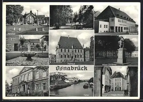 AK Osnabrück, Stadtbad, Bahnhof, Möser-Denkmal