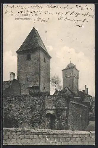 AK Ochsenfurt a. M., Stadtmauer-Partie mit Türmen