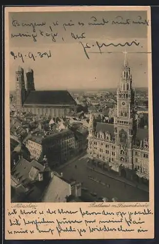 AK München-Au, Rathaus mit Frauenkirche aus der Vogelschau