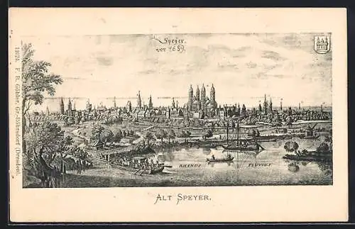 Lithographie Alt Speyer, Teilansicht mit Kirche vor 1689