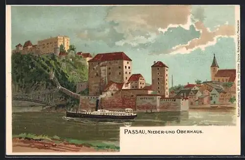 Lithographie Passau, Blick auf Nieder- und Oberhaus