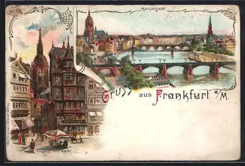 Lithographie Frankfurt, Mainansicht, Eingang zum Markt