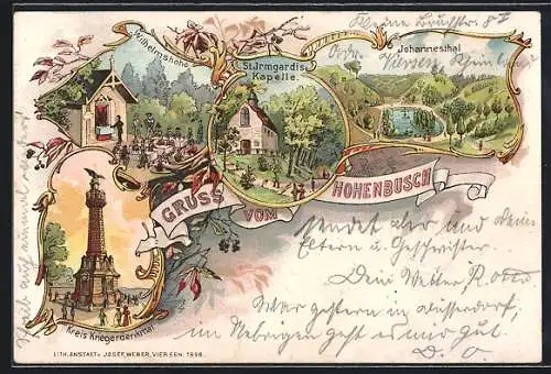 Lithographie Viersen, St. Irmgardis Kapelle, Hohenbusch, Gasthaus Wilhelmshöhe, Kreiskriegerdenkmal