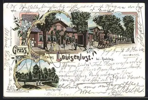 Lithographie Rendsburg, Gasthaus Louisenlust, Gartenansicht und Strassenpartie