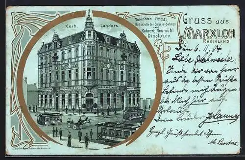 Mondschein-Lithographie Marxloh /Rheinland, Hotel von Gerh. Landers mit Strassenbahn