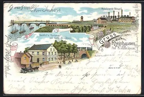 Lithographie Rheinhausen / Rhein, Gasthof von Gerh. Bruckhaus, Hochofenwerk Krupp