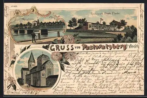 Lithographie Werden, Restaurant Pastoratsberg von Friedr. Flecke, Kath. Pfarrkirche, Königsbrücke