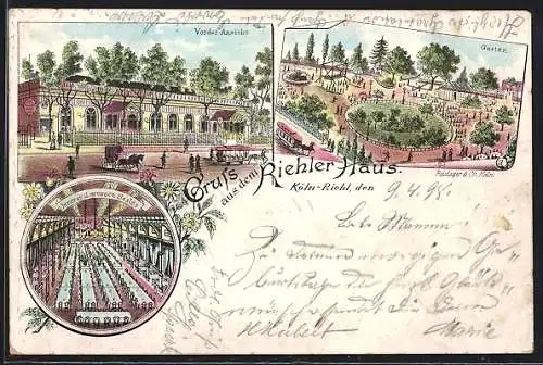 Lithographie Köln-Riehl, Gasthof Riehler Haus, Vorderansicht, Garten und Innenansicht