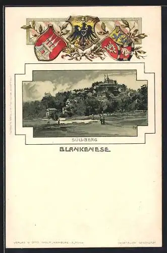 Passepartout-Lithographie Hamburg-Blankenese, Blick auf den Süllberg, Wappen und Lorbeerzweig