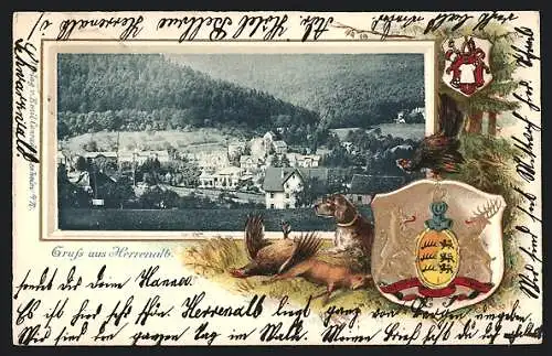 Passepartout-Lithographie Herrenalb, Totalansicht vom Berg aus, Wappen