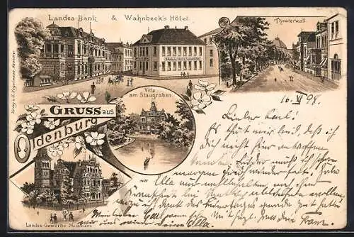 Lithographie Oldenburg / O., Wahnbeck`s Hotel und Landesbank, Theaterwall, Landes-Gewerbe-Museum, Villa am Staugraben