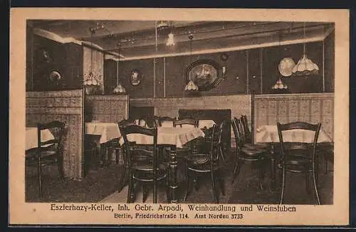 AK Berlin, Restaurant Eszterhazy-Keller der Gebr. Arpadi, Friedrichstrasse 114, Innenansicht