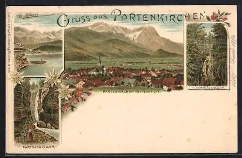 Lithographie Partenkirchen, Totalansicht, Eibsee, Partnachklamm