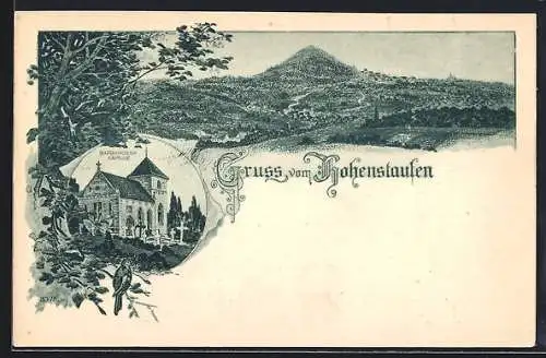 Lithographie Hohenstaufen, Barbarossa Kapelle, Totalansicht