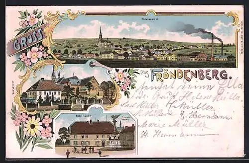 Lithographie Fröndenberg, Hotel Lücke und Kriegerdenkmal, Totalansicht