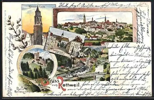 Lithographie Rottweil, Pulverfabrik, Landgericht mit prot. Kirche, Ruine Herrenzimmern, Ortsansicht