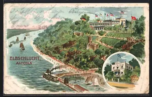 Lithographie Hamburg-Altona, Panoramablick an der Elbschlucht