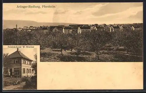 AK Pforzheim, Arlinger-Siedlung, Ortsansicht und Feinbäckerei W. Wacker