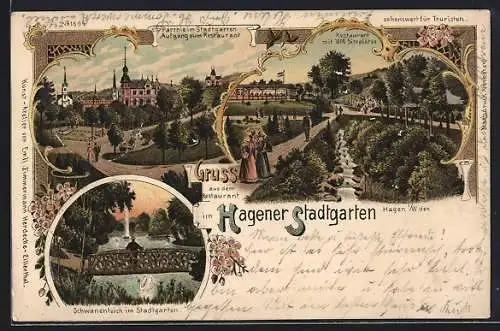 Lithographie Hagen / Westfalen, Restaurant und Schwanenteich im Stadtgarten