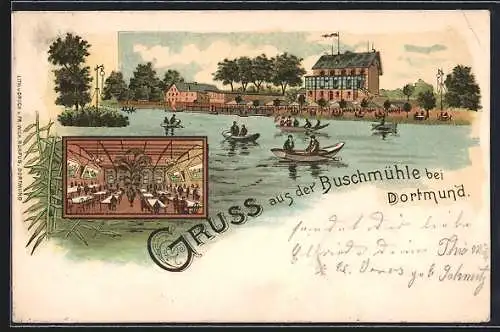 Lithographie Dortmund, Gasthaus Buschmühle, Aussen- und Innenansicht