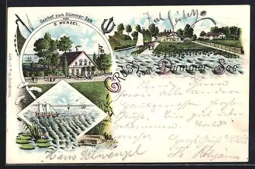 Lithographie Dümmer See, Gasthof zum Dümmer See v. E. Wenzel und Ortsansichten