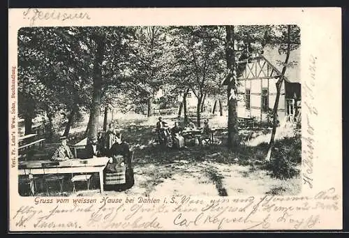 AK Dahlen i. S., Gasthaus Weisses Haus, Sitze im Garten