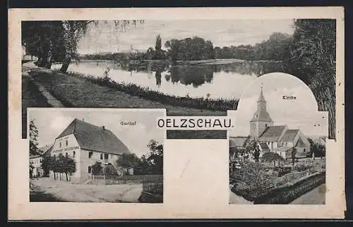 AK Oelzschau / Rötha, Gasthof und Kirche