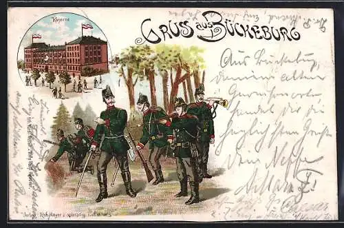 Lithographie Bückeburg, Kaserne, Soldaten in Uniform im Manöver