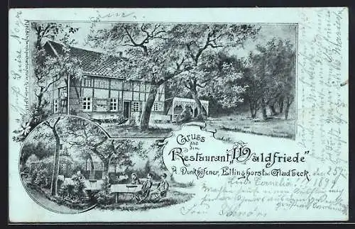 Lithographie Ellinghorst bei Gladbeck, Restaurant Waldfriede, Bes. A. Dunkhöfener