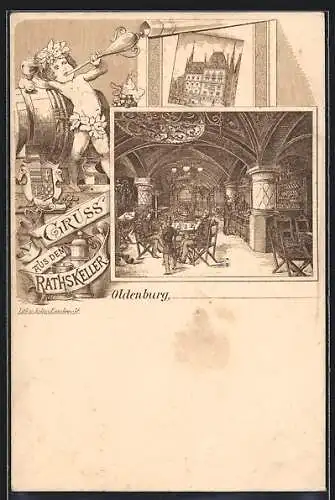 Lithographie Oldenburg / O., Gasthaus Rathskeller, Innenansicht