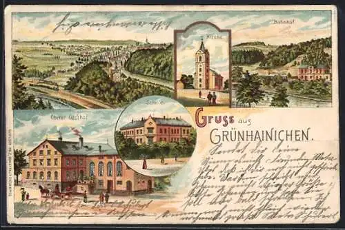 Lithographie Grünhainichen, Gesamtansicht mit Bahnhof, Kirche, Schule, Oberer Gasthof