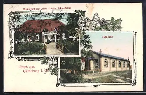 AK Oldenburg i. Gr., Restaurant zur Linde, Bes. Gustav Krückeberg, Turnhalle