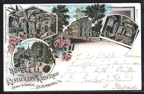 Lithographie Oldenburg i. Gr., Hotel und Restaurant Kaiserhof, Inh. H. Schulze mit Innenansichten