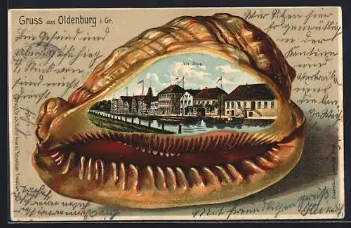 Passepartout-Lithographie Oldenburg i. Gr., Partie am Stau in einer Muschel