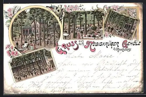 Lithographie Rendsburg, Gasthaus Nobiskrüger Gehölz, Garten