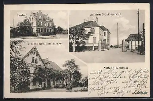 AK Aerzen b. Hameln, Möller`s Hotel zum Bahnhof, Aerzener Maschinenfabrik, Postamt