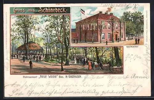 Lithographie Schönebeck / Vegesack, Restaurant Neue Weide mit Gartenlokal