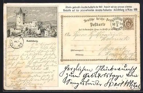 AK Nizza, Internationale Postkartenausstellung 1899, Älteste gedruckte Postkarte der Welt mit Ansicht der Rudelsburg