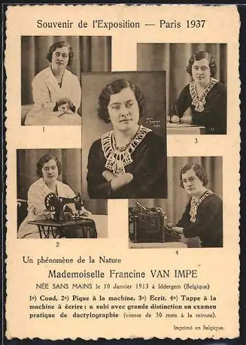 AK Paris, Exposition internationale 1937, Mademoiselle Francine van Impe, geboren ohne Hände