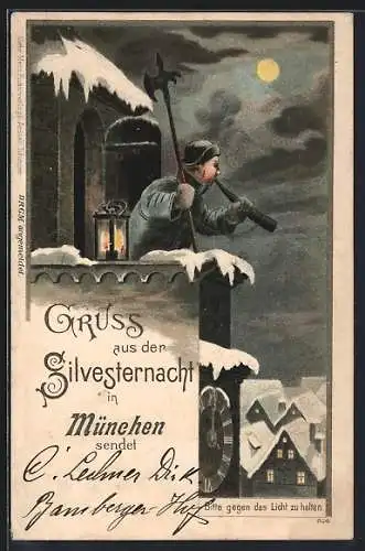 Lithographie München, Silvestergruss, Halt gegen das Licht Nachtwächter bläst sein Prosit Neujahr, Private Stadtpost