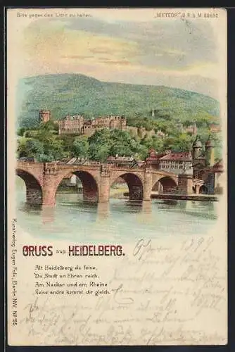 Lithographie Heidelberg, Teilansicht, Feuerwerk über der Burg, Halt gegen das Licht