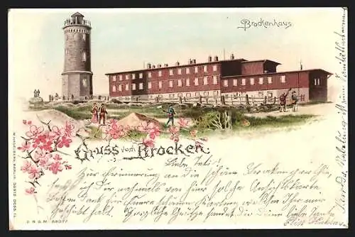 Lithographie Brocken, Brockenhaus und Aussichtsturm, beleuchtete Fenster, Halt gegen das Licht